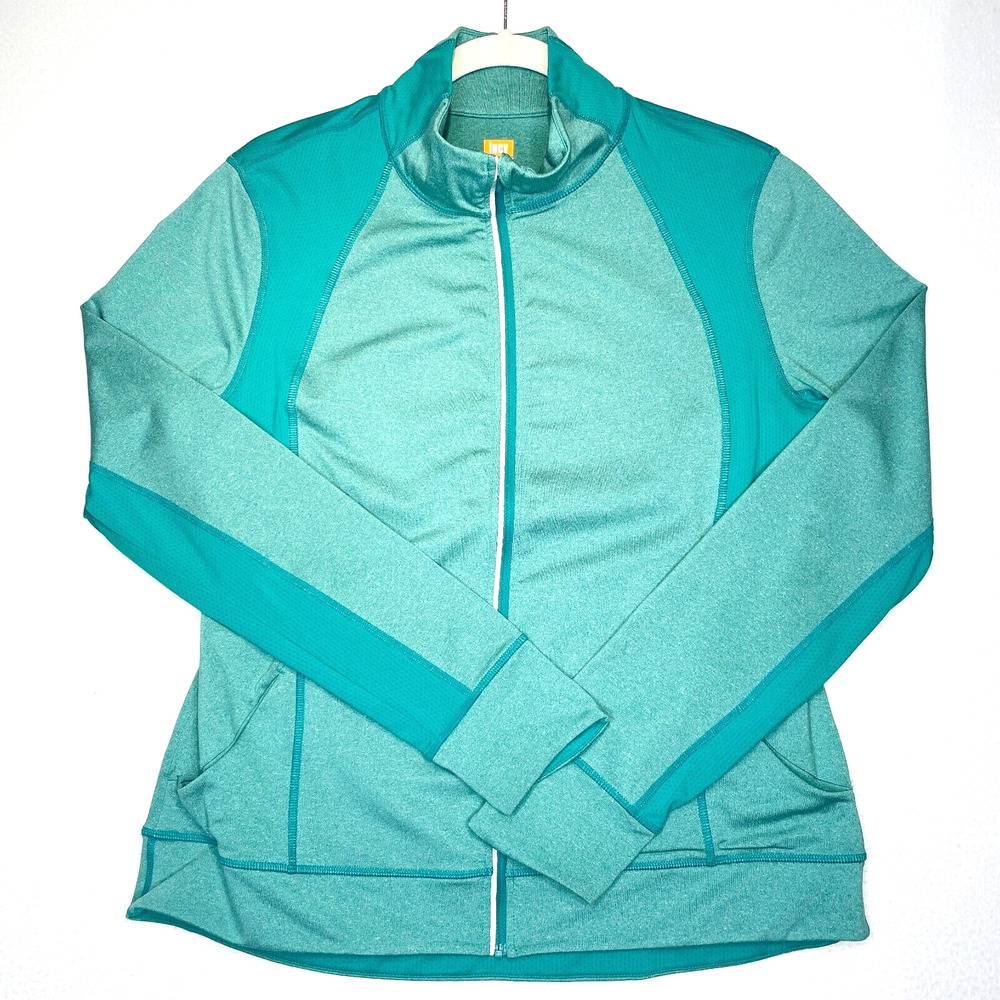 Lucy Tech Track Jacket Large Long Sleeve Full Zip Running Turquoise Thumb Holes